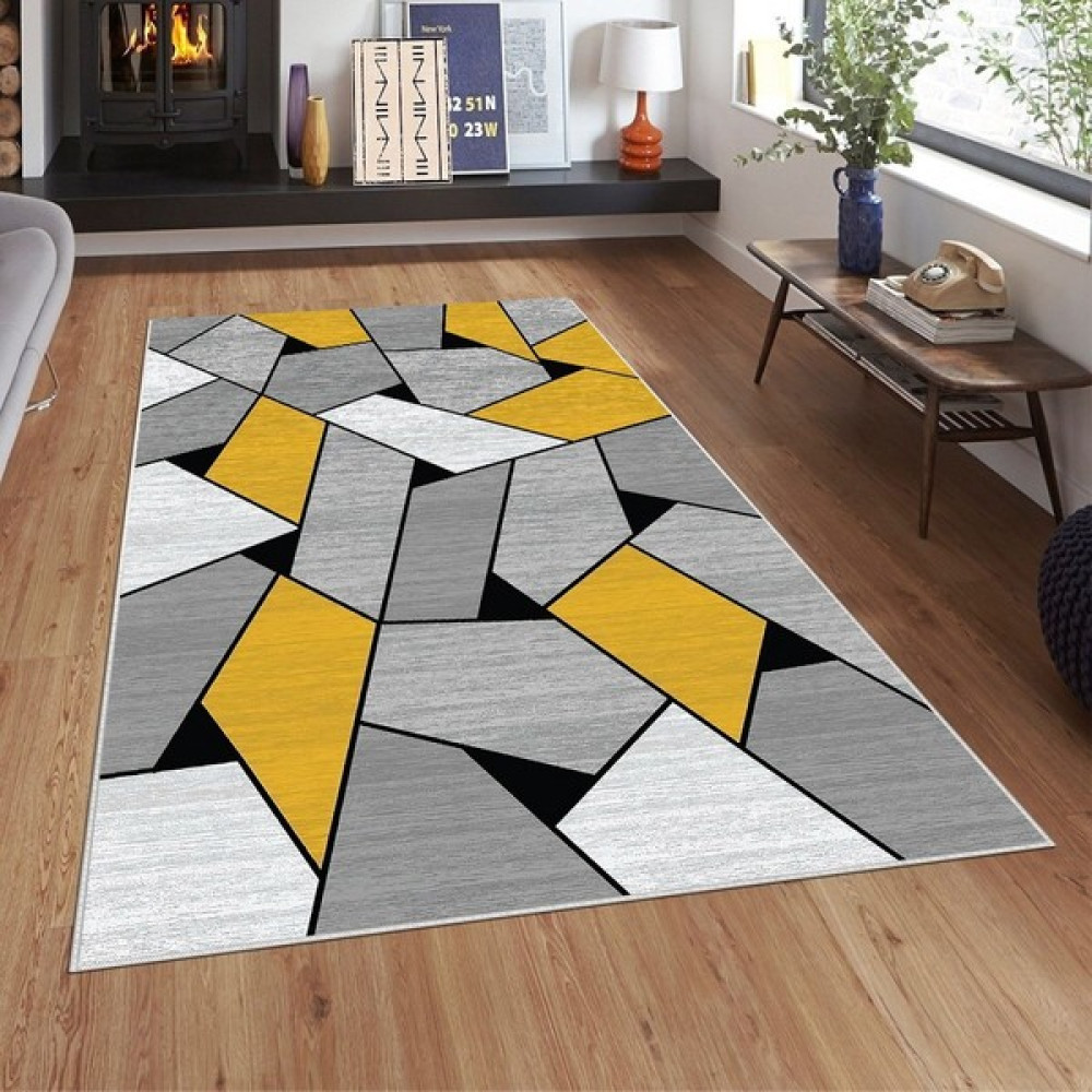 Bona Fortuna Geometrik Puzzle Desenli Yıkanabilir Kaymaz Taban Leke Tutmaz Modern Salon Halısı ve Yolluk - 40 x 40 cm - Turuncu - Gri Salon Halısı Fiyatı