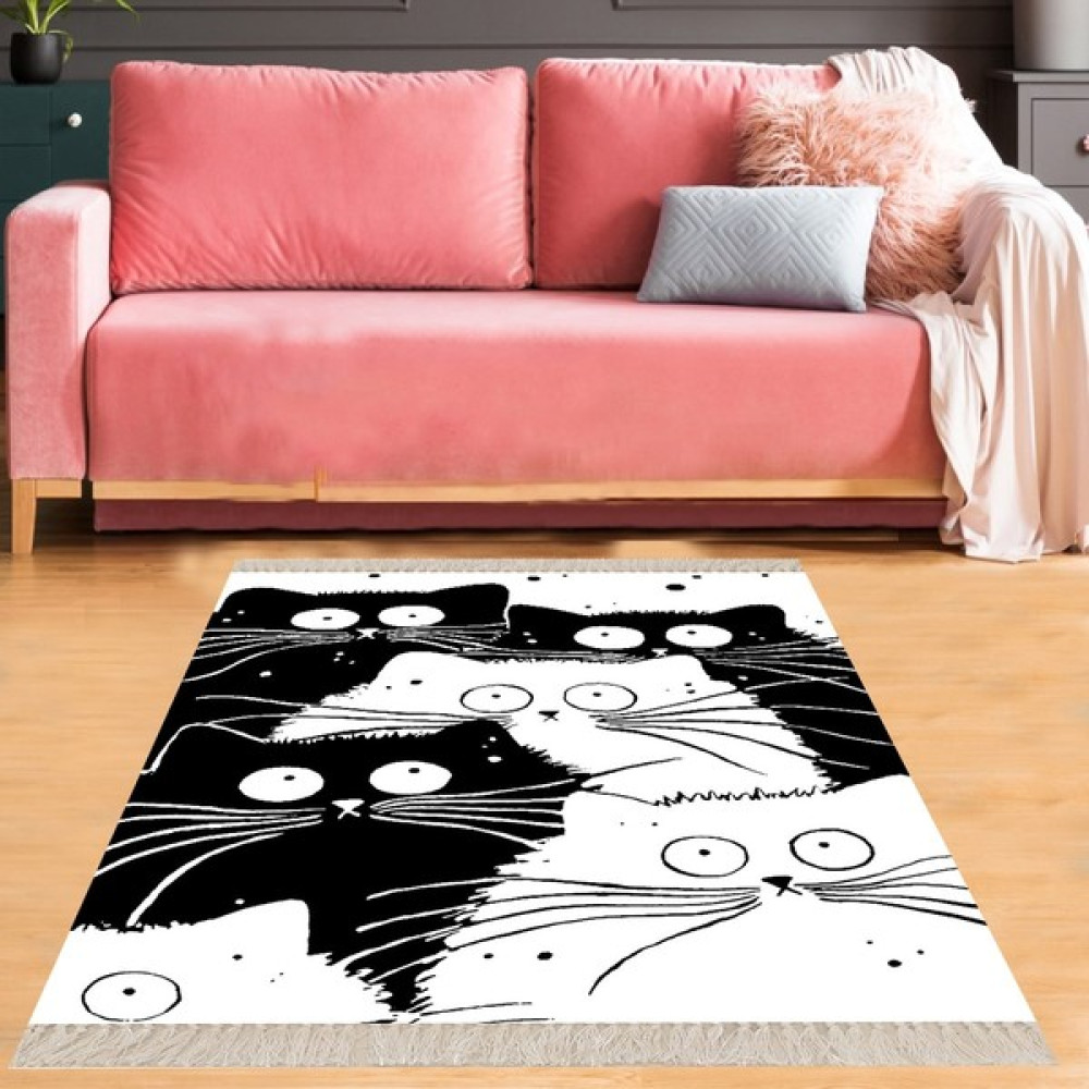Bona Fortuna Kedi Desenli Dijital Baskılı Kaymaz Taban Yıkanabilir Çocuk Odası Salon Halısı - 80 x 50 cm - Siyah - Beyaz Bebek Odası Halı Fiyatı
