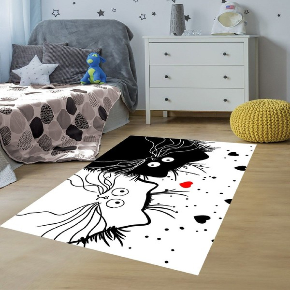 Bona Fortuna Kedili Halı Kedi Desenli Dijital Baskı Yıkanabilir Kaymaz Taban Bebek ve Çocuk Odası Halısı - 40 x 40 cm - Siyah - Beyaz Bebek Odası Halı Fiyatı