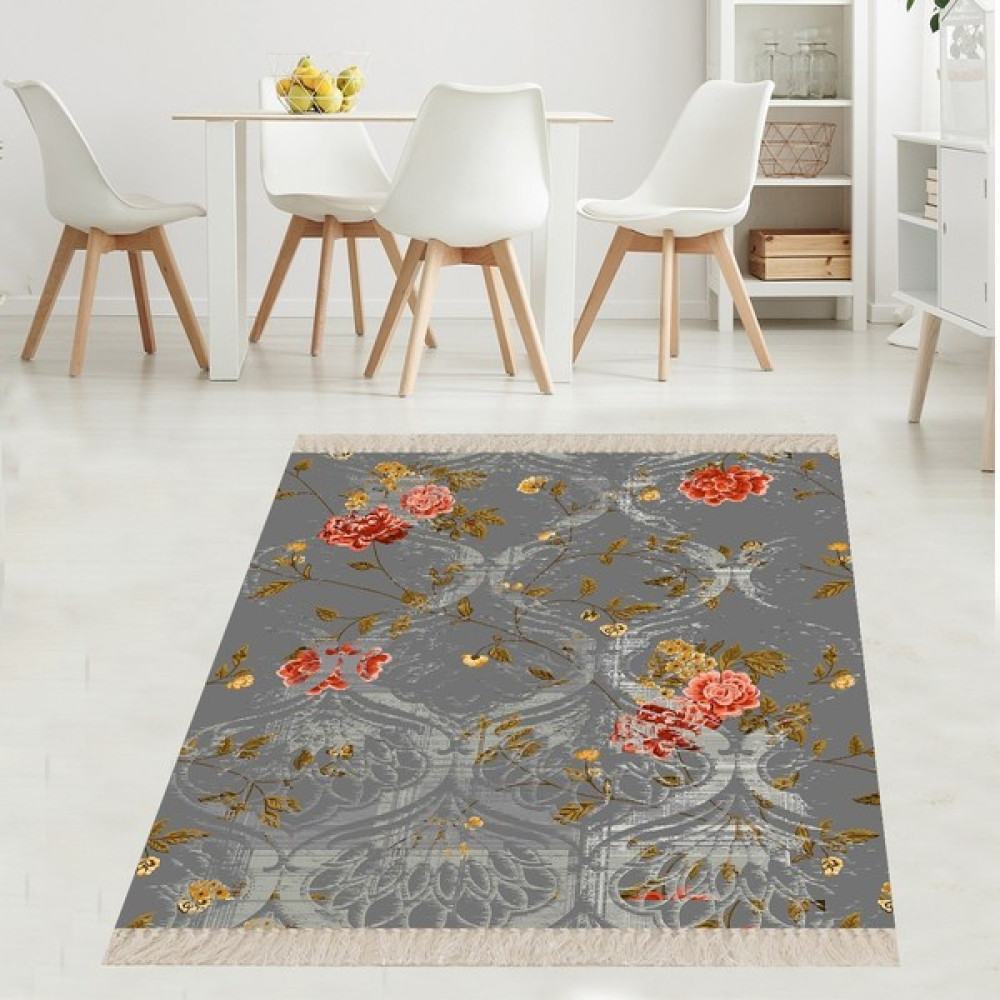 Bona Fortuna Kırmızı Gül Desenli Yapraklı Dijital Baskı Yıkanabilir Kaymaz Taban Güllü Salon Halı ve Yolluk - 40 x 40 cm - Renkli Salon Halısı Fiyatı