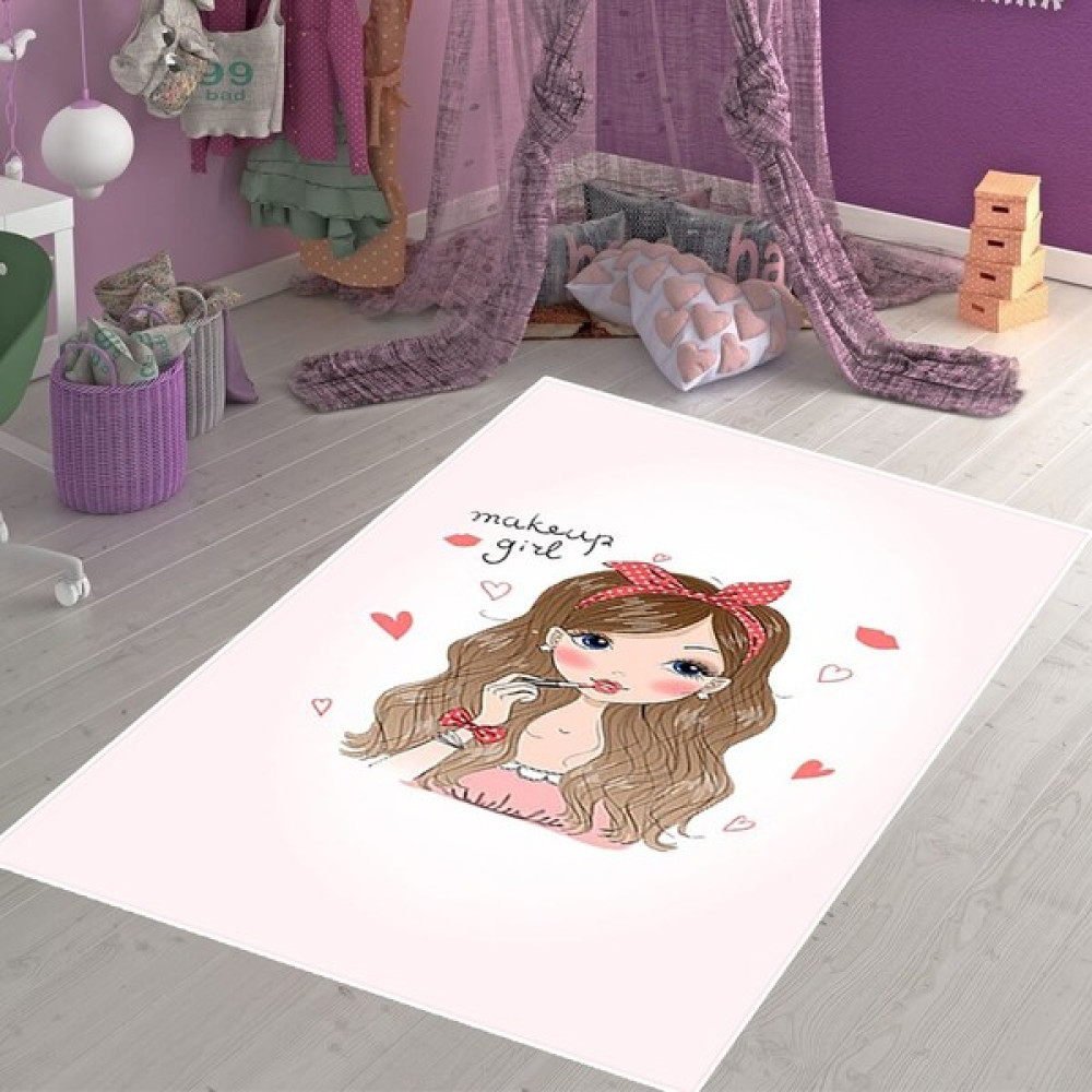 Bona Fortuna Make Up Girl Kız Desenli Dijital Baskı Yıkanabilir Kaymaz Taban Genç Kız Odası Halısı - 40 x 40 cm - Pembe Bebek Odası Halı Fiyatı