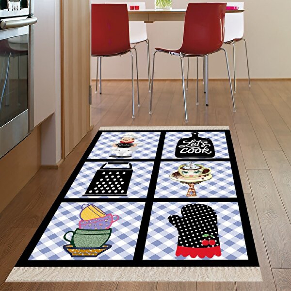 Bona Fortuna Mutfak Malzemeleri Desenli Dijital Baskılı Kaymaz Taban Yıkanabilir Leke Tutmaz Mutfak Halısı - 80 x 50 cm - Mavi - Siyah Salon Halısı Fiyatı