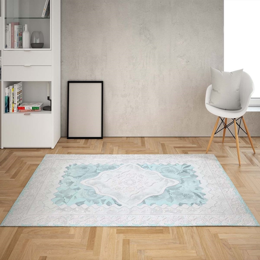 Bona Fortuna Osmanlı Motifler Dijital Baskı Yıkanabilir Kaymaz Taban Leke Tutmaz Salon Halısı ve Yolluk(Turkuaz) - 80 x 600 cm - Turkuaz Salon Halısı Fiyatı