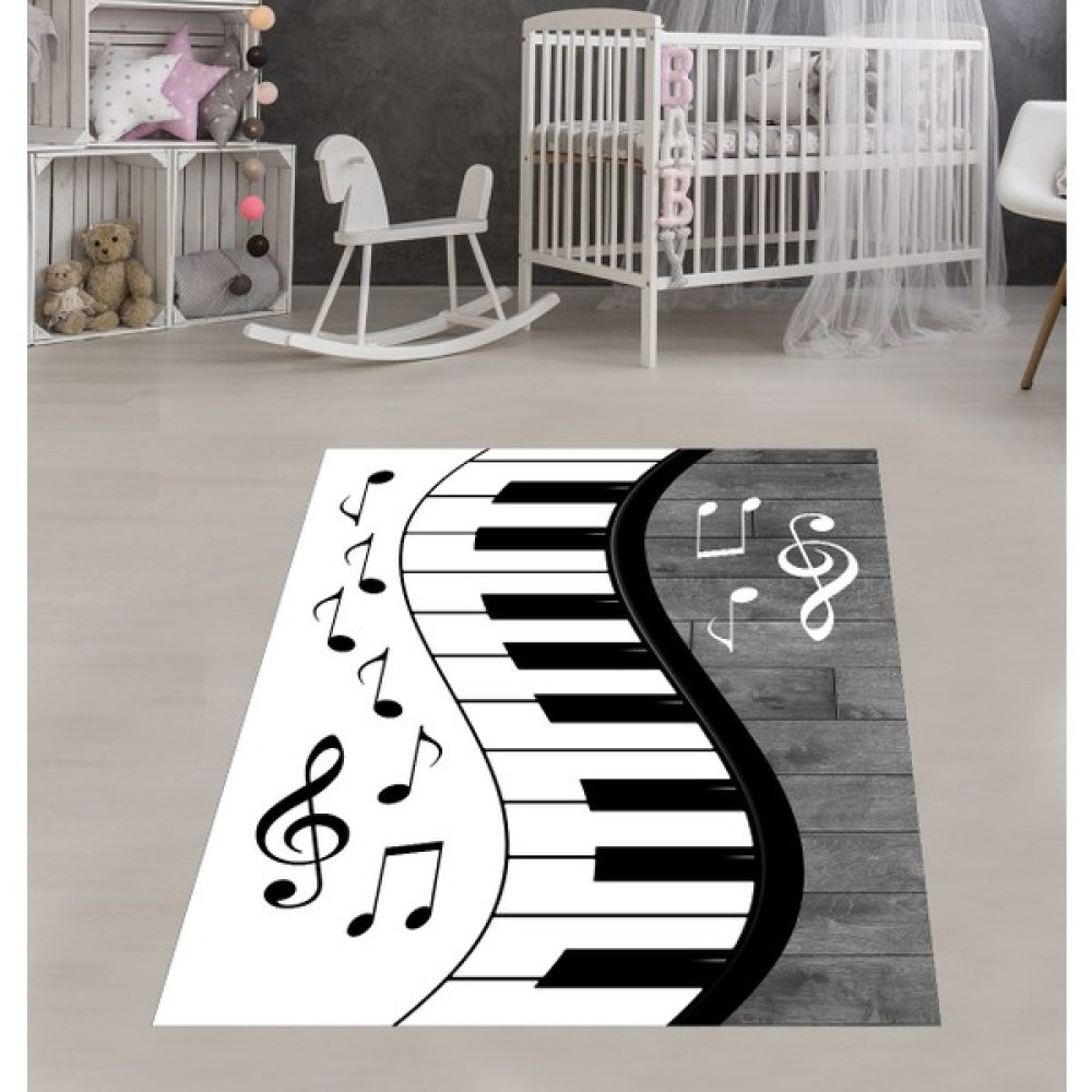 Bona Fortuna Piyano Desenli Müzik Notalı Halı Dijital Baskı Yıkanabilir Kaymaz Taban Modern Salon Halısı - 40 x 40 cm - Siyah - Beyaz Salon Halısı Fiyatı