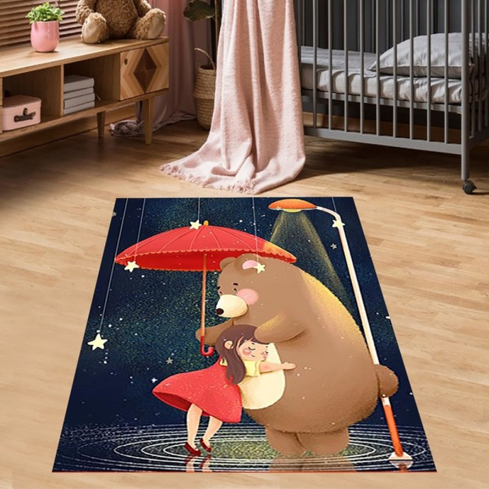 Bona Fortuna Sevimli Ayı Küçük Kız Desenli Halı Dijital Baskı Yıkanabilir Kaymaz Taban Kız Çocuk Odası Halısı - 40 x 40 cm - Lacivert Bebek Odası Halı Fiyatı