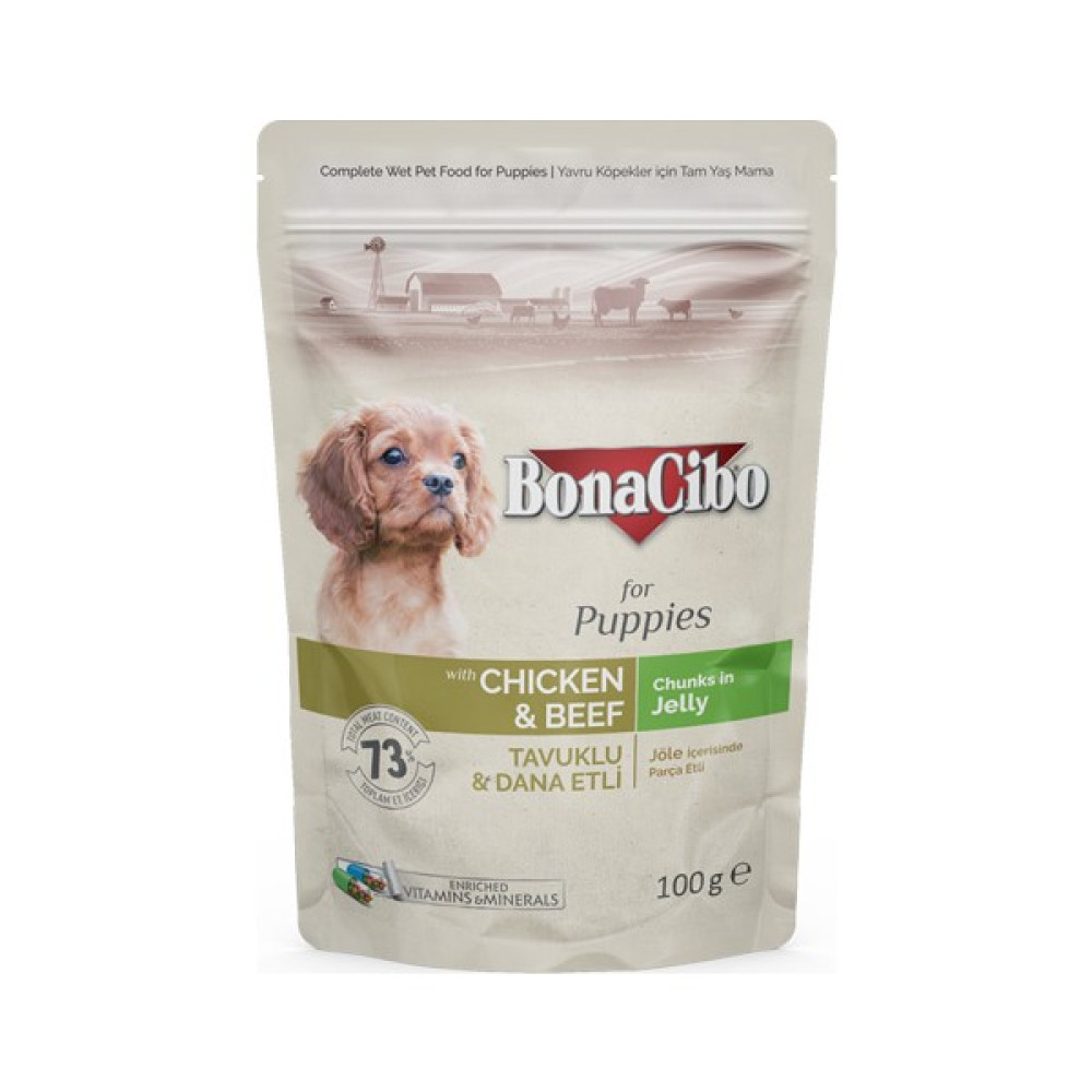Bonacibo Jöleli Tavuklu-Dana Etli Pouch Yavru Köpek Yaş Maması 100 gr Evcil Hayvan Ürünleri Fiyatı