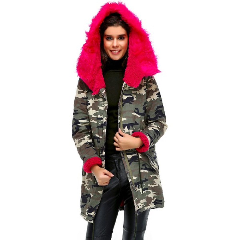Bonalodi Fuşya Peluş Kapşonlu Kamuflaj Kadın Parka Kadın Kaban Fiyatı