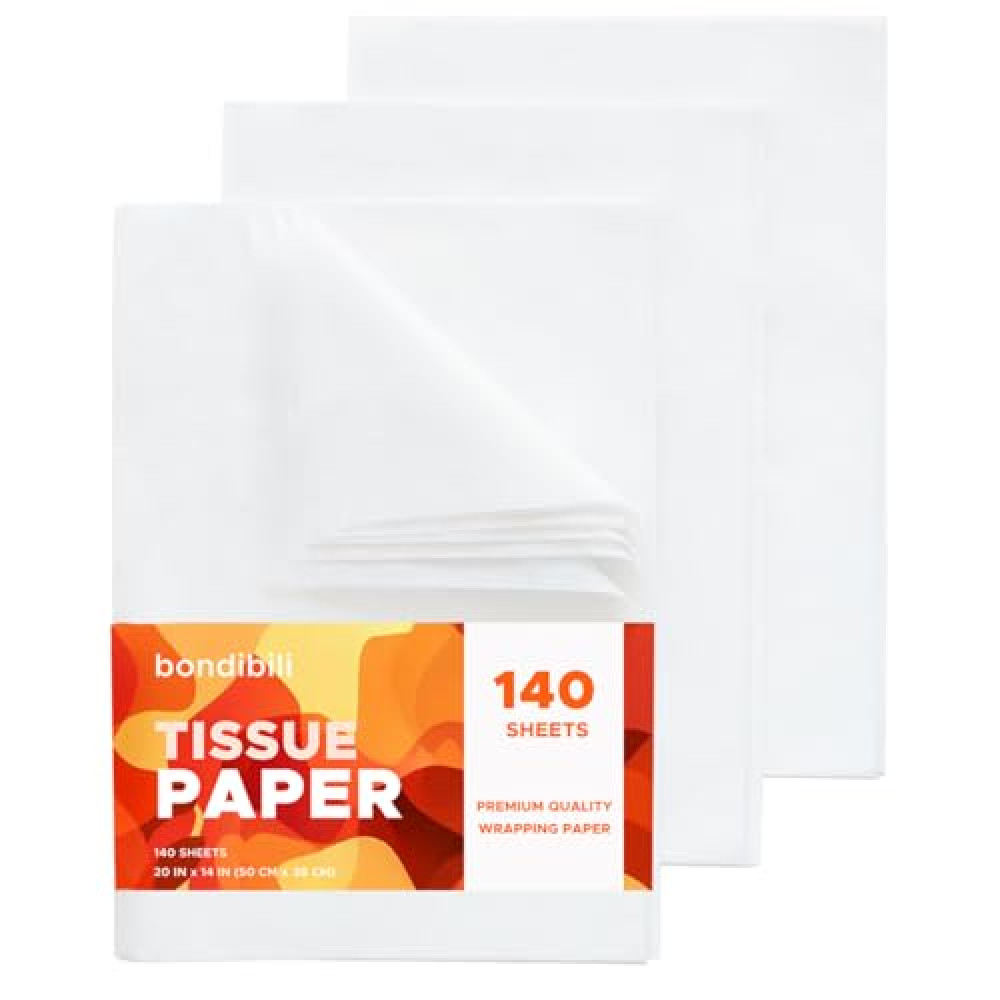 bondibili 140 Sheets White Tissue Paper for Gift Bags, 20 x 14 inch Acid Free White Wrapping Tissue Paper Bulk for Gift Package, Storage, Christmas Wedding Birthday Mother's Day Party Decor Art Craft