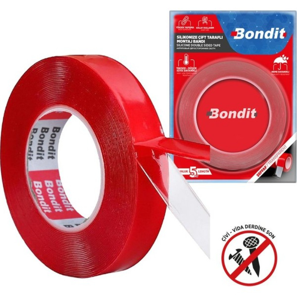 Bondit Silikonlu Çift Taraflı Akrilik Şeffaf Bant 18Mm x 2Mt Nalburiye & Hırdavat Fiyatı