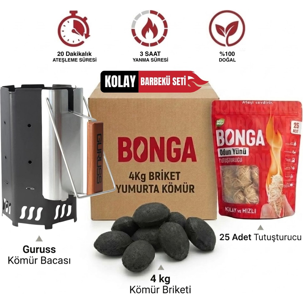 Bonga Briket Yumurta Kömür 4 kg - 25 Adet Tutuşturucu - Guruss Tutuşturma Bacası | Kömür Tutuşturucu Baca Seti - Siyah - 1 Adet Diğer Fiyatı