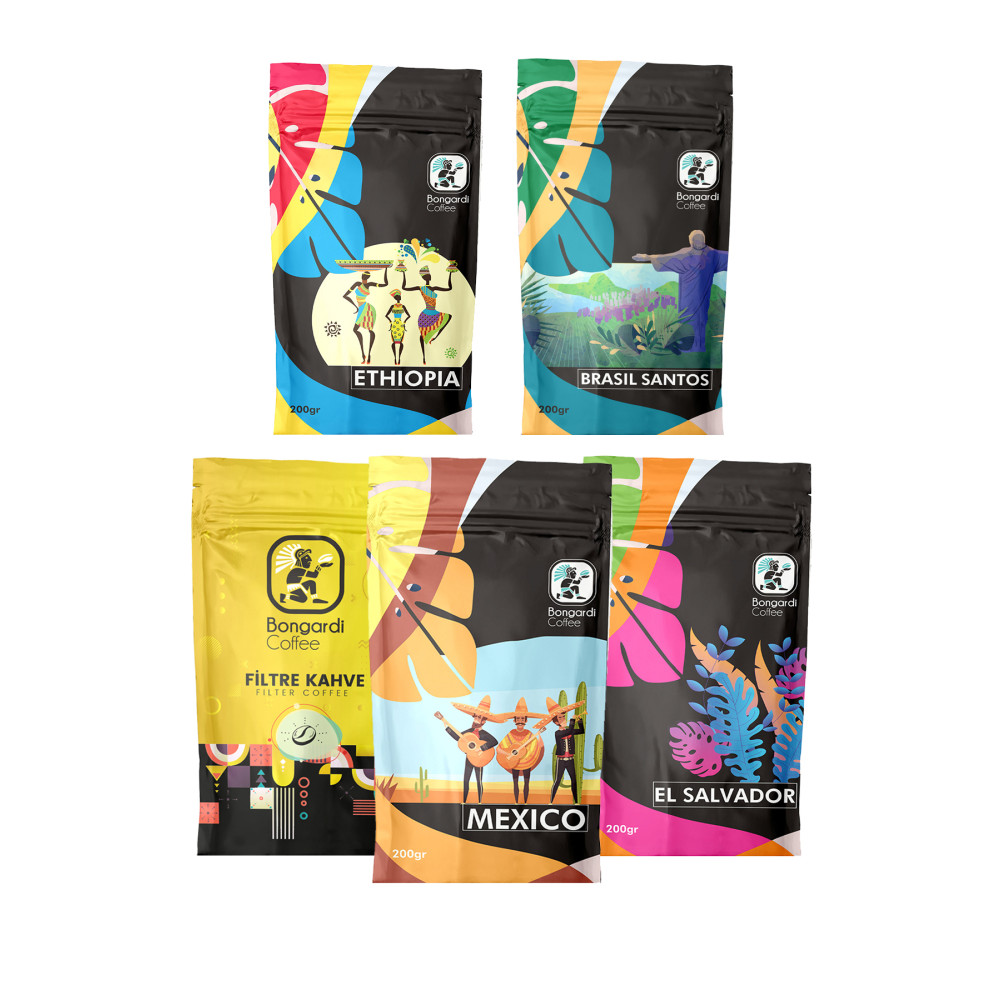 Bongardi Coffee 5x200 gr Santos Etiyopya Mexico El Salvador Intense Blend Filtre Ve Espresso Seti French Press Beden Kahve Fiyatı