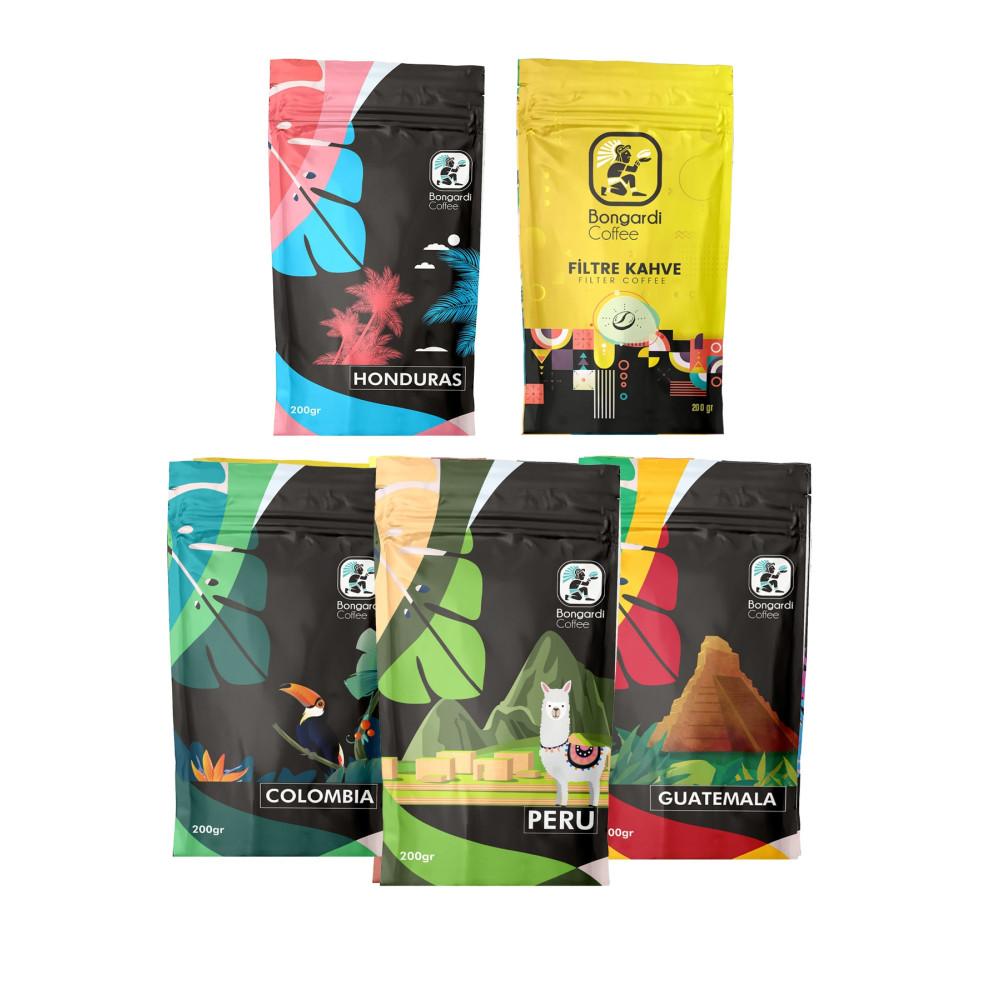 Bongardi Coffee 5x200 Gram Colombia Guatemala Peru Honduras Intense Blend Filtre Kahve Seti Cold Brew Beden Kahve Fiyatı