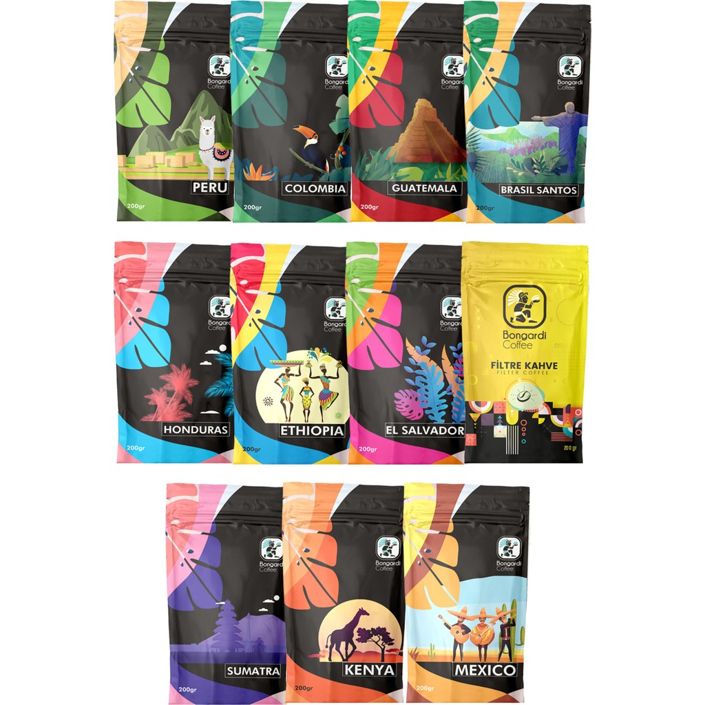 Bongardi Coffee Filtre Kahve Set 11X200 gr Santos Colombia Etiyopya Honduras Meksika Sumatra Kenya - 2,2 kg - Çekirdek (Öğütülmemiş) Kahve Fiyatı