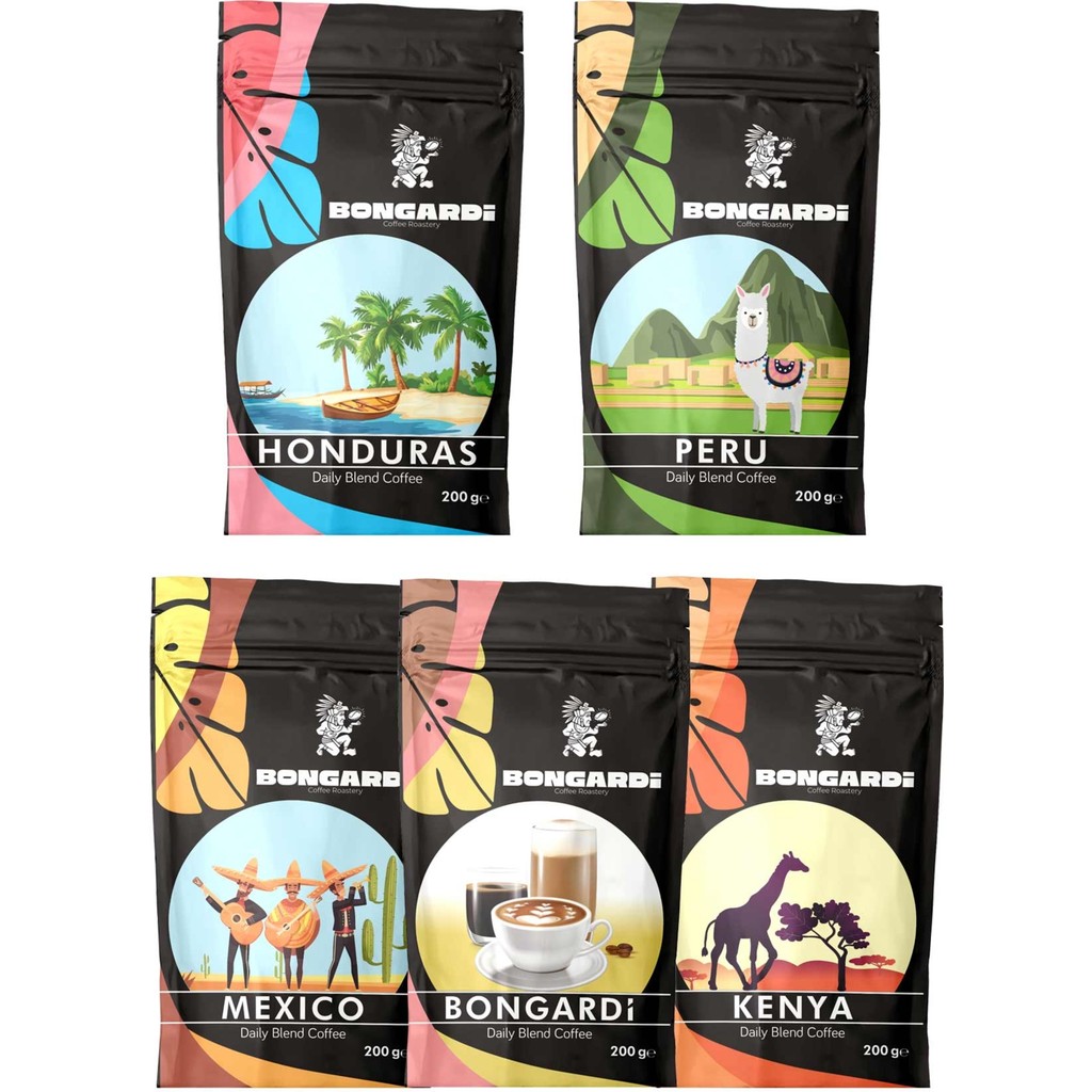 Bongardi Coffee Kenya Peru Honduras Mexico Daily Blend Kahve Seti 5 x 200 gr(Çekirdek Veya Öğütülmüş Seçileblir) - Çekirdek (Öğütülmemiş) - 1 kg Kahve Fiyatı