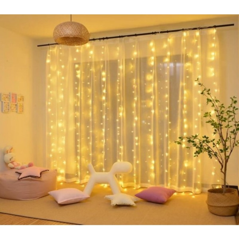 Bonibbo Perde LED 3x3 Metre Şeffaf Kablolu 8 Modlu ve Fişli Saçaklı Gün Işığı (Sarı) Dekoratif LED Aydınlatma - 3 m Led Aydınlatmalar Fiyatı