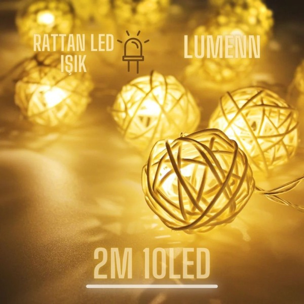 Bonibbo Rattan LED Top Işık Doğal Kaliteli 2 Metre 10 Adet Örgü Işık Topu-Şeffaf Kablolu Pilli Gün Işığı - 2 m Led Aydınlatmalar Fiyatı