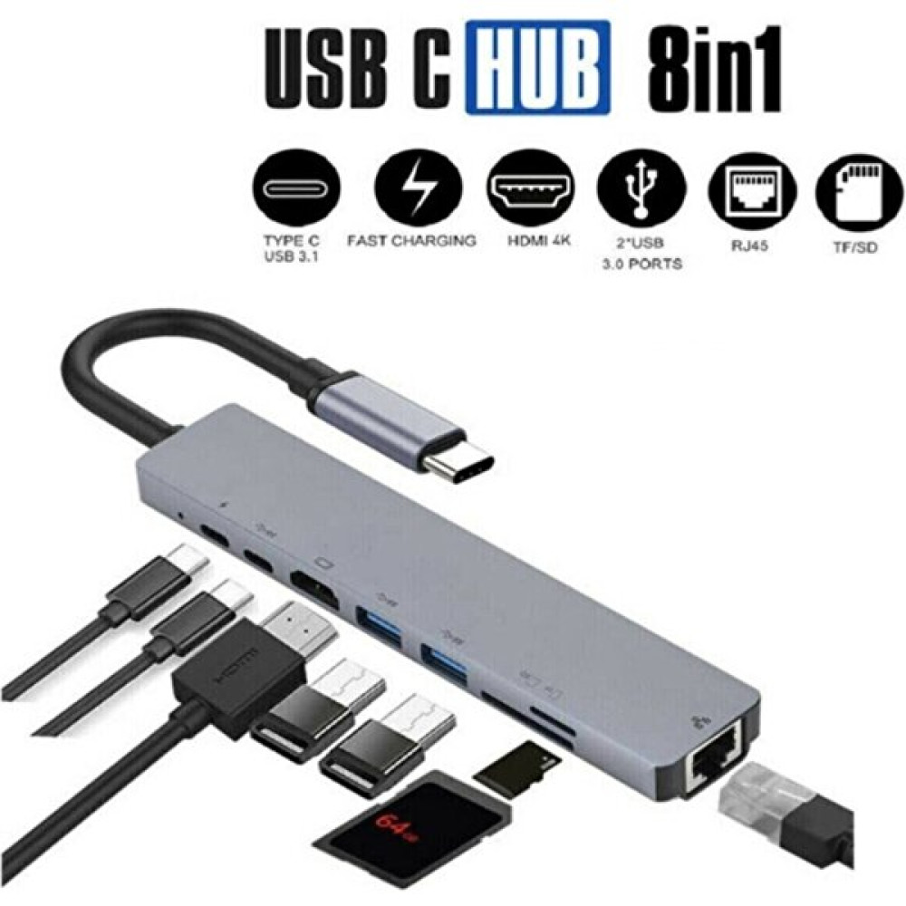 Bonjux Macbook Pro Air USB Type-C Hub Dönüştürücü Çevirici Çoklayıcı USB Hdmı Micro Sd 8 Girişli 8 In1 - Gri Bilgisayar Çevirici ve Adaptörü Fiyatı
