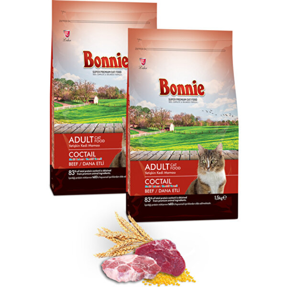 Bonnie Renkli Taneli Dana Etli Yetişkin Kedi Maması 1,5 kg x 2 Evcil Hayvan Ürünleri Fiyatı