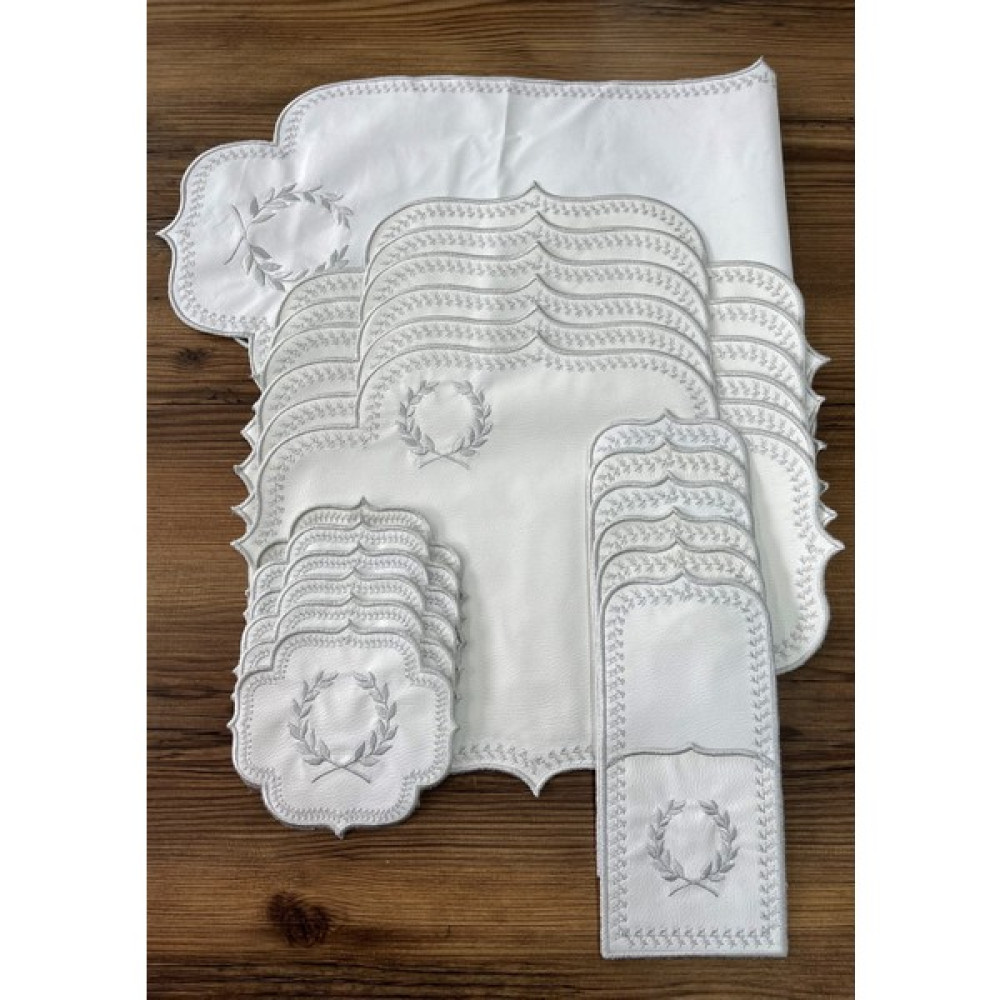 Bonny Home Başak Krem Gümüş Amerikan Servis 6 Kişilik 19 Parça Runner Seti Deri Yemek Sunum Takımı Nakışlı 6lı Supla - 35 x 45 cm - Krem - Gümüş Amerikan Servis Fiyatı