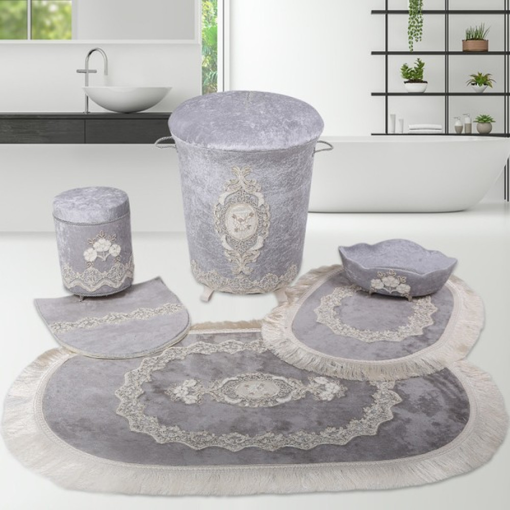 Bonny Home Exclusive Gri 6 Prç Dantelli Banyo Kirli Çamaşır Sepeti Seti + Banyo Paspası Seti Sepet Fiyatı