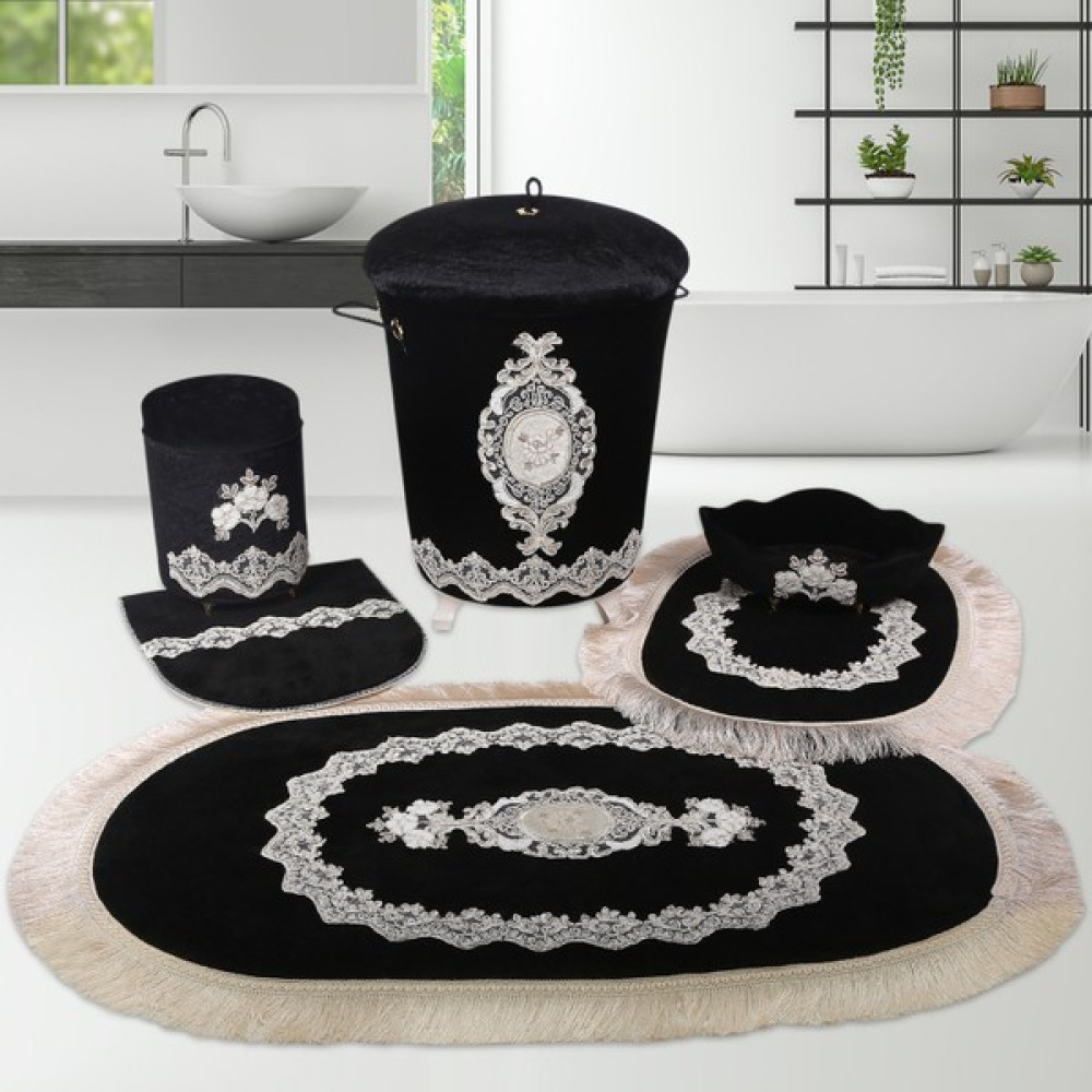 Bonny Home Exclusive Siyah 6 Parça Fransız Dantelli Banyo Kirli Çamaşır Sepeti ve Banyo Paspası Seti - 80 x 125 cm Klozet Takımı Fiyatı