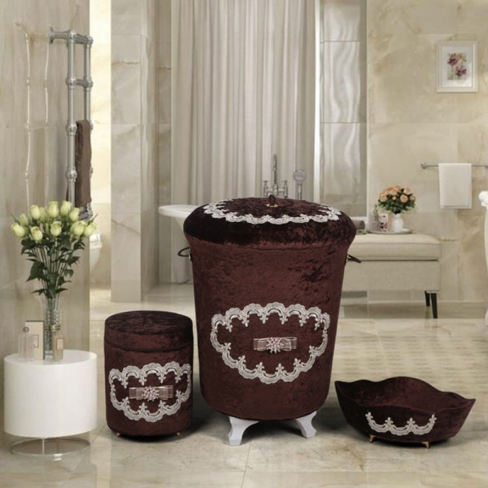 Bonny Home Galaxy Kahve 3'lü Kadife Çeyizlik Dantelli Banyo Kirli Çamaşır Sepeti Seti Sepet Fiyatı