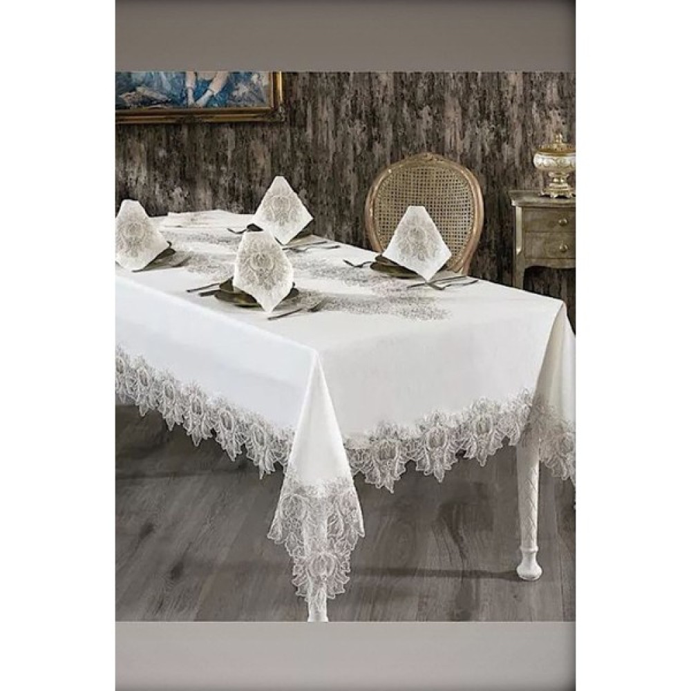 Bonny Home Mihrimah Krem 26 Parça 12 Kişilik Fransız Dantelli Çeyizlik Yemek Masa Örtüsü Seti Runner Takımı - 160 x 260 cm Masa Örtüsü Fiyatı