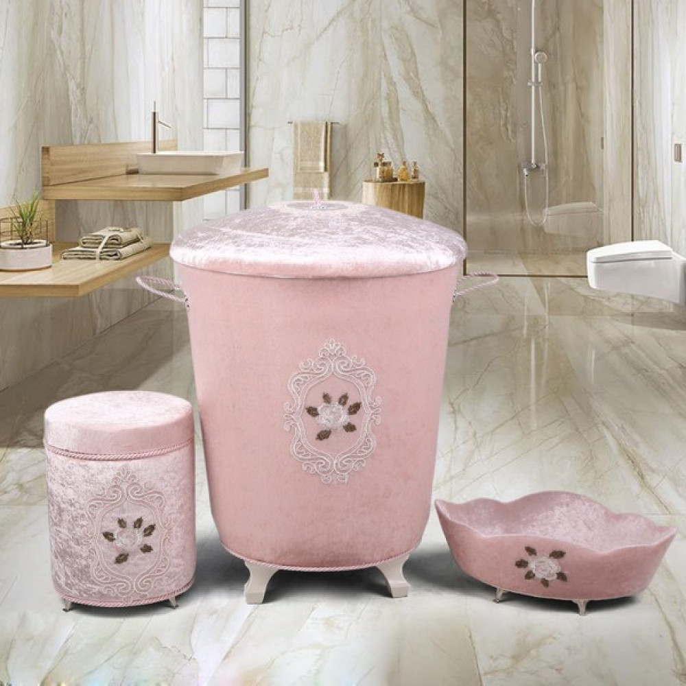 Bonny Home Shems Pudra 3'lü Kadife Çeyizlik Dantelli Banyo Kirli Çamaşır Sepeti Seti Sepet Fiyatı
