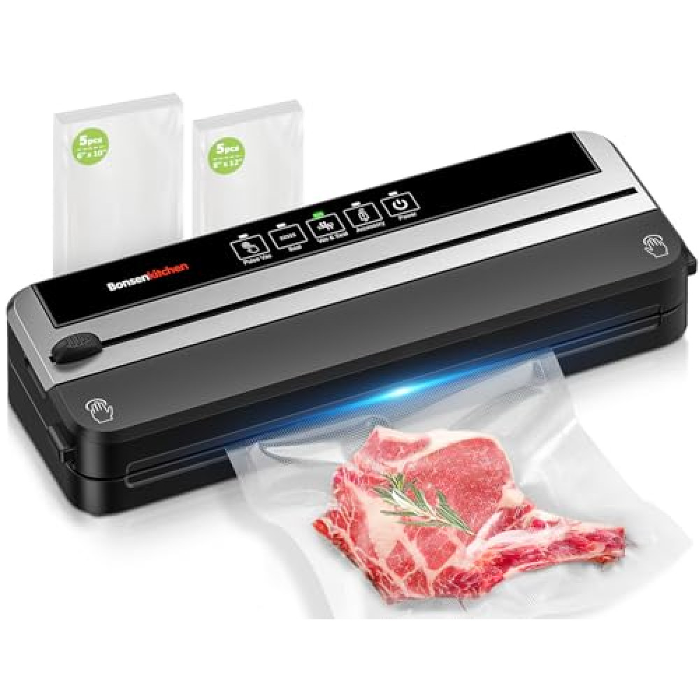 Bonsenkitchen Vacuum Sealer for Food, Multi-functional & Compact Vacuum Sealer Machine with the Latest Airtight Technology | 10 Pre-cut Bags | Bag Cutter | ETL Listed | (Black-Silver)