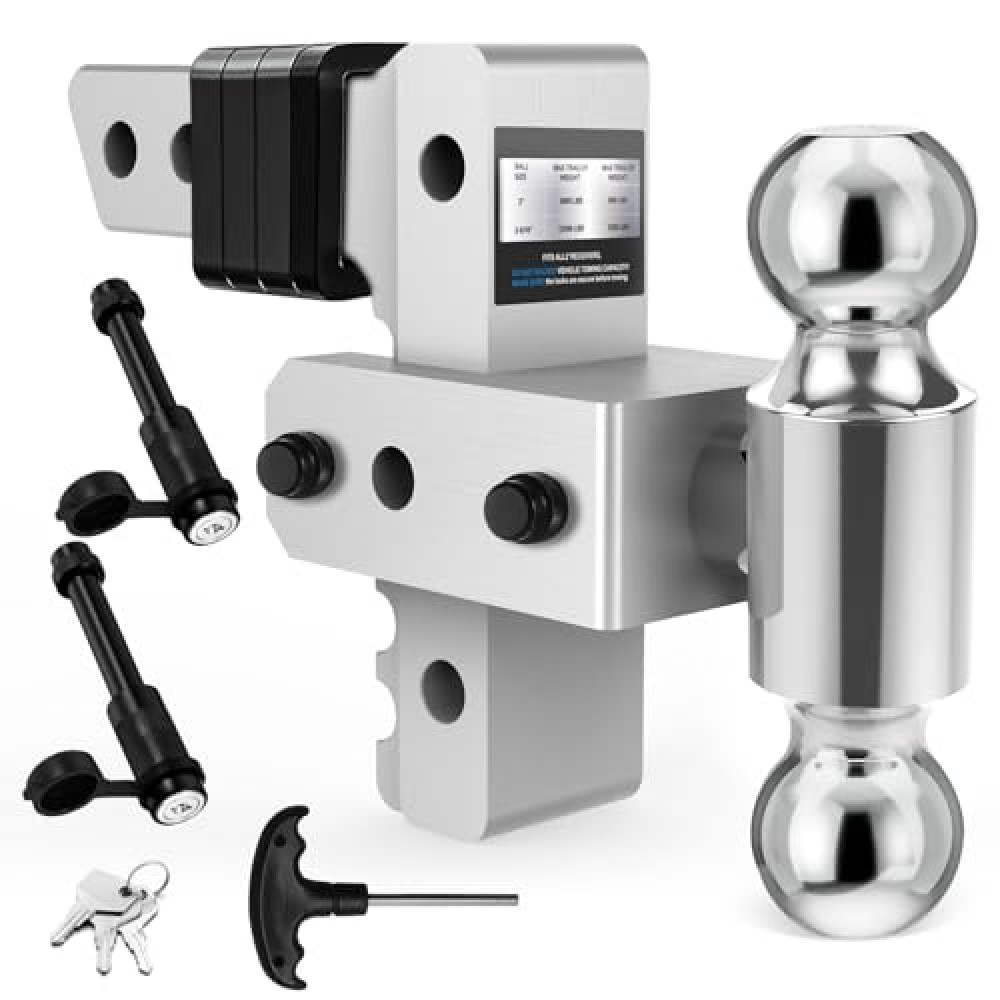 Bornerwhite Adjustable Trailer Hitch Fit 2 inch Receiver, Drop Hitch 6-Inch Drop/Rise, (2" & 2-5/16") Dual Ball Mount Aluminum Tow Hitch for Trucks RV Motorcycles, 12,500 LBS GTW, 2 Anti-Theft Pins