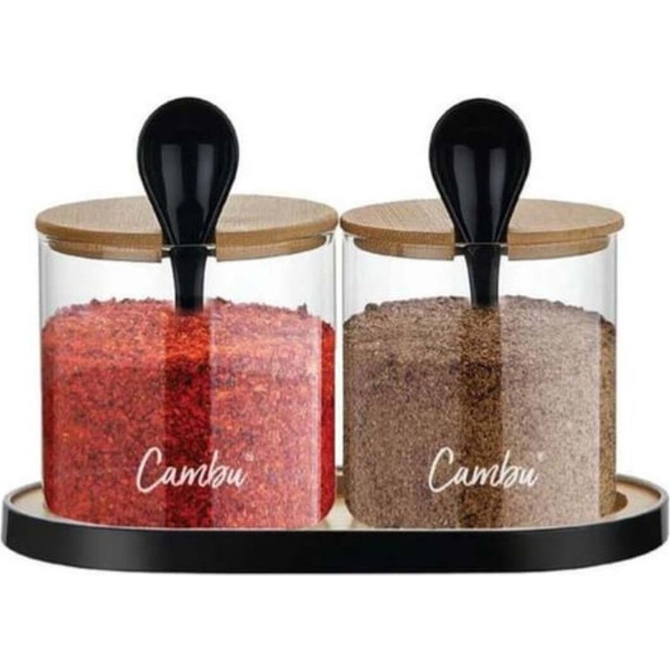 Borosilikat Cambu Kaşıklı Bambu Baharatlık Seti 2'li Tuz, Şeker, Baharat Fiyatı