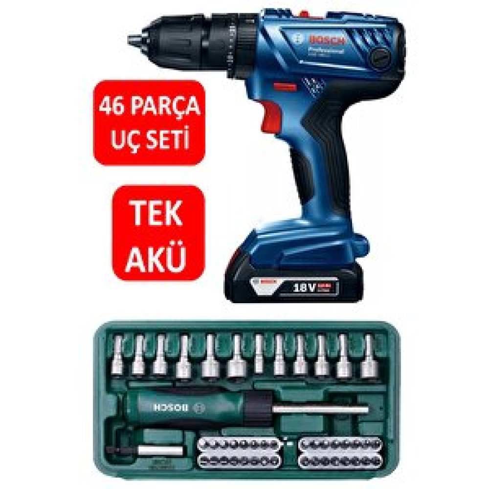 Bosch Tek Akülü Şarjlı Matkap Darbeli Matkap 18v Akülü Vidalama + 46 Parça Vidalama Ucu Tornavida Matkaplar Fiyatı