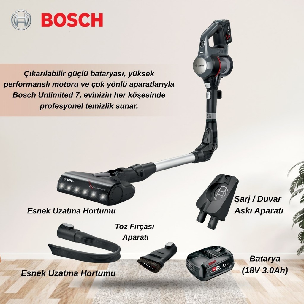 Bosch Unlimited 7 BCS712ATR Şarjlı Dikey Süpürge - Siyah Şarjlı Süpürgeler Fiyatı