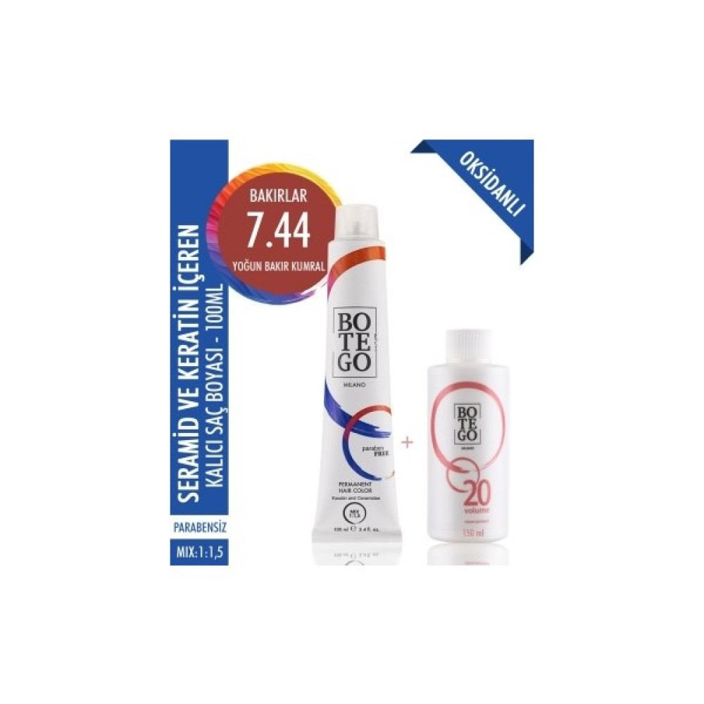 Botego Profesyonel Saç Boyası 100 ml Kalıcı Krem Boya - 7.44 Yoğun Bakır Kumral + Oksidan 150 ml Saç Boyası Fiyatı