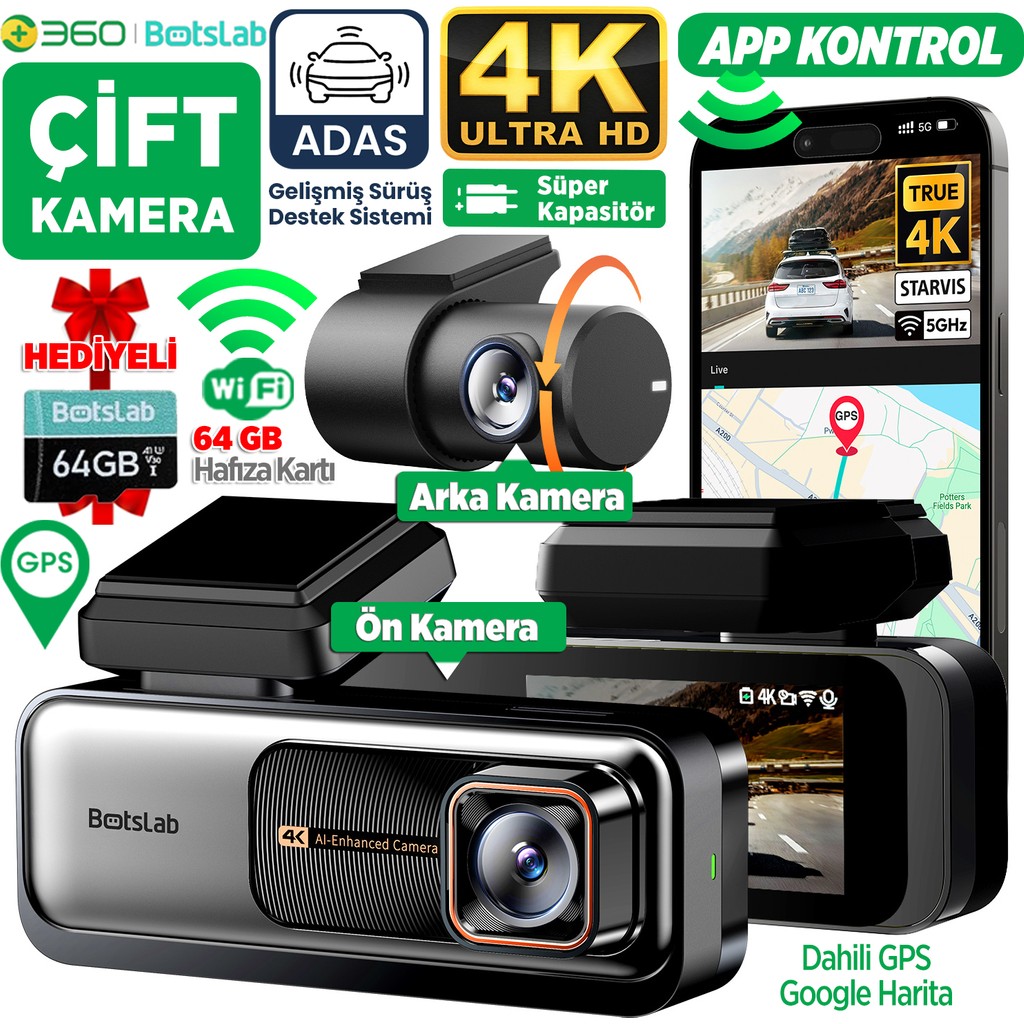 Botslab 360+ G980H Pro ADAS Ön Gerçek 4K UHD Arka 2K QHD 170° Geniş Açı Lens Gece Görüşü Gps+WiFi Araç İçi Kamera (64GB HAFIZA KARTI HEDİYELİ) Diğer Fiyatı