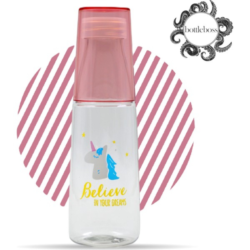Bottle Boss Bottleboss Renkli Bardaklı Desenli Sızdırmaz Kapaklı Su Şişesi Matara 600 ml - Pembe Suluk Fiyatı