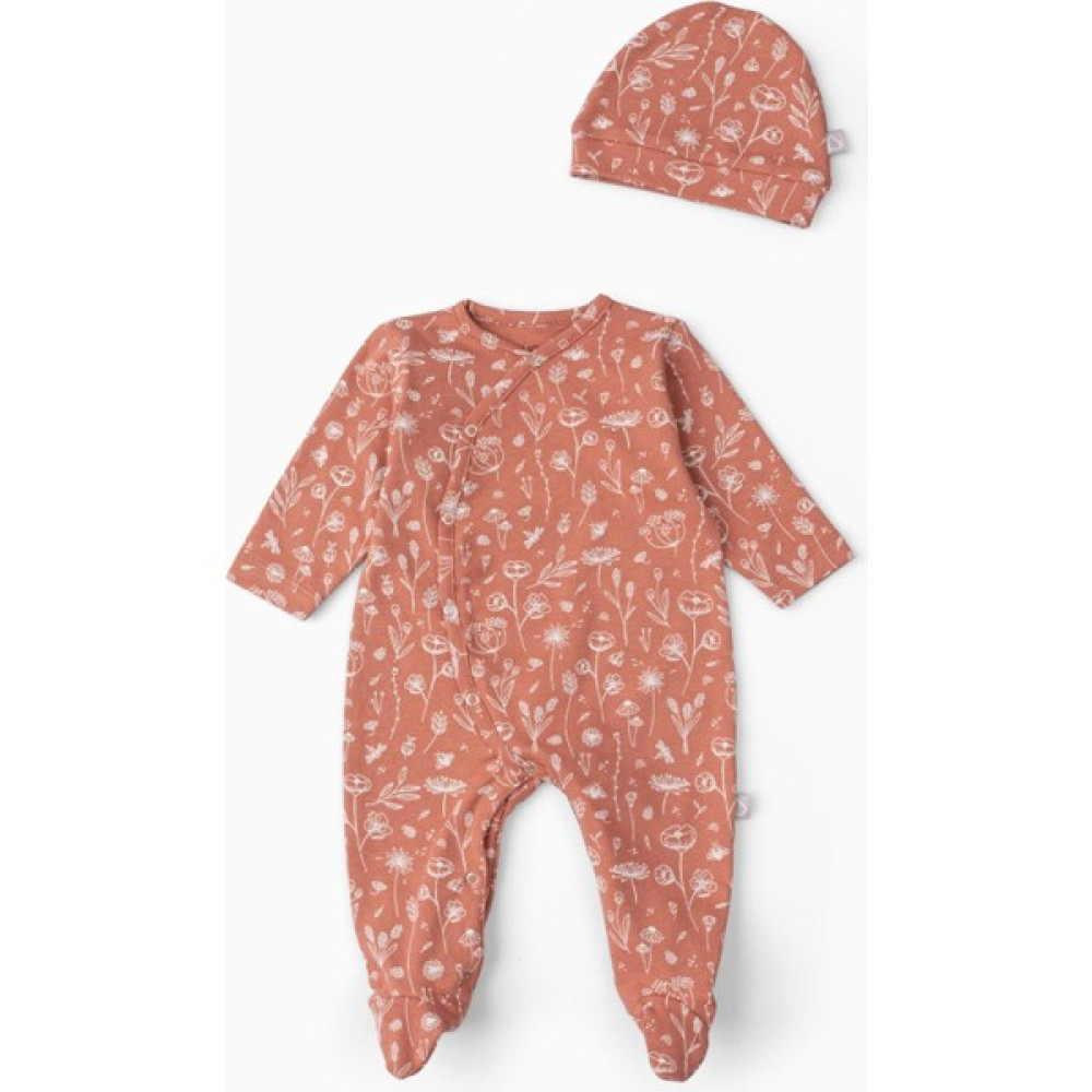 Boumini Bebek Patikli Tulum Şapka Set Bahar Çiçekli Kiremit Bebek Tulumu Fiyatı