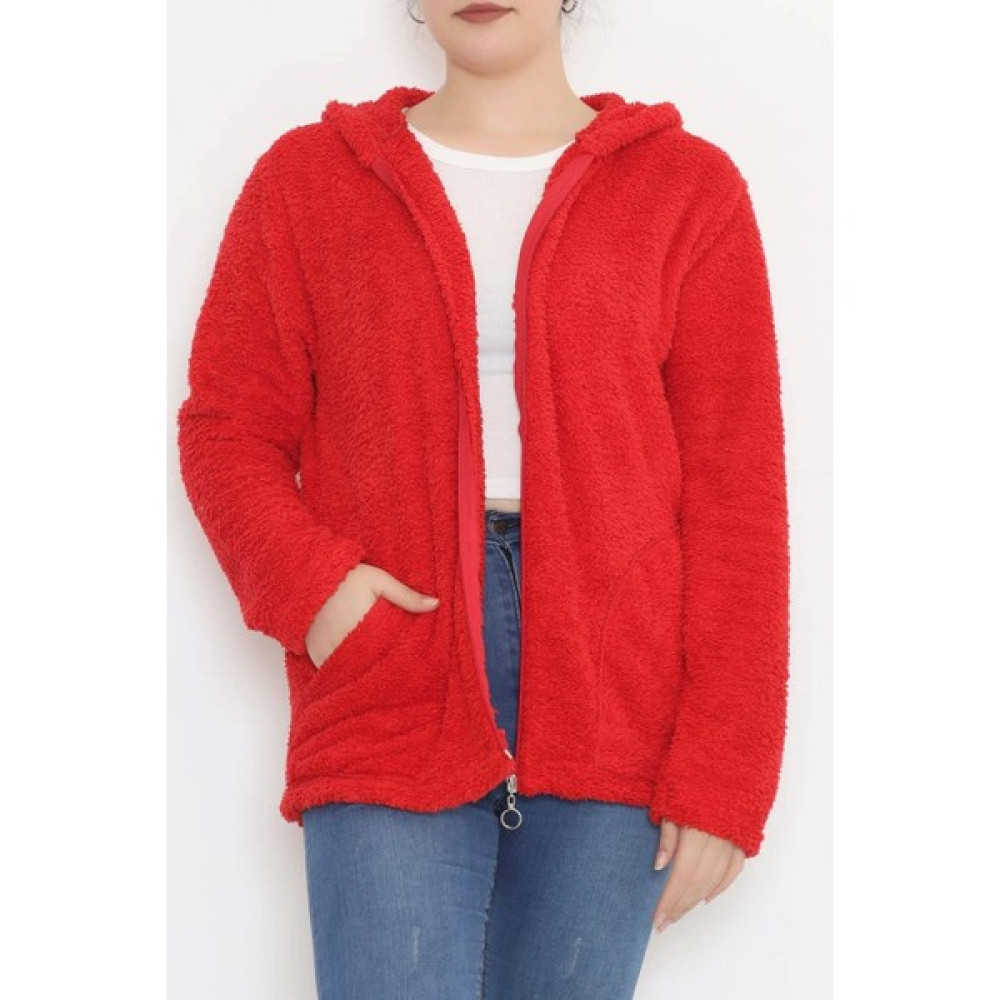 Boutiquality Büyük Beden Peluş Mont Kırmızı Bayan Mont Fiyatı