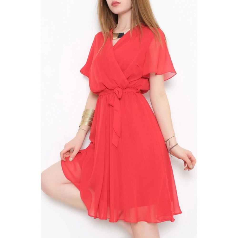 Boutiquality Kruvaze Yaka Şifon Elbise Kırmızı Elbise Fiyatı