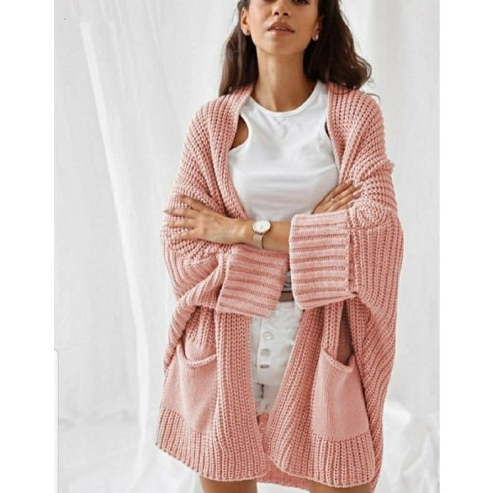 Boutique De Noche Oversize Cepli Kapamasız Triko Uzun Hırka - Pudra Kadın Hırka Fiyatı