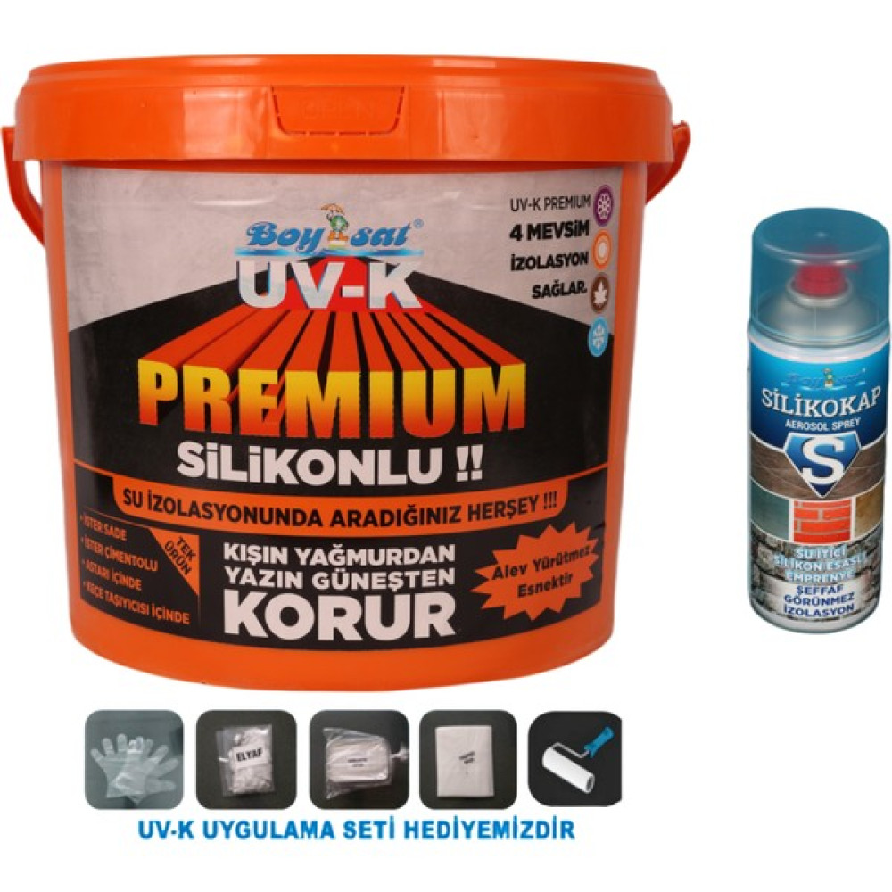 Boysat Avantajlı Izolasyon Paketi Uv-K Premium Silikonlu Boya 15 kg ve 400 ml Silikokap Su Izolasyon Spreyi Dış Cephe Yalıtım Malzemeleri Fiyatı