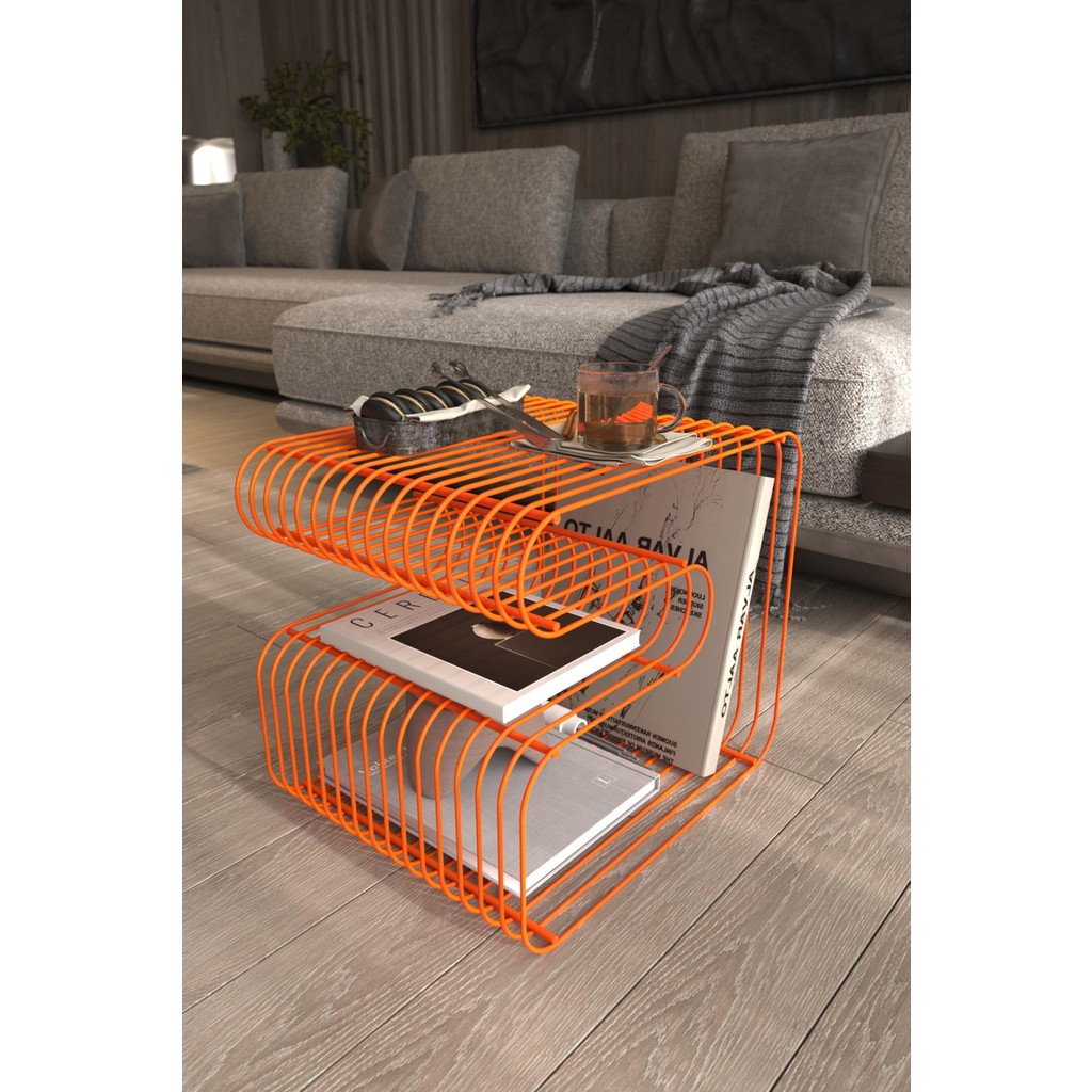 Boz Concept Home Turuncu Tel Metal Tasarımlı Modern Paslanmaz Yan Sehpa, Dekoratif Metal Sehpa Yan Sehpa Fiyatı
