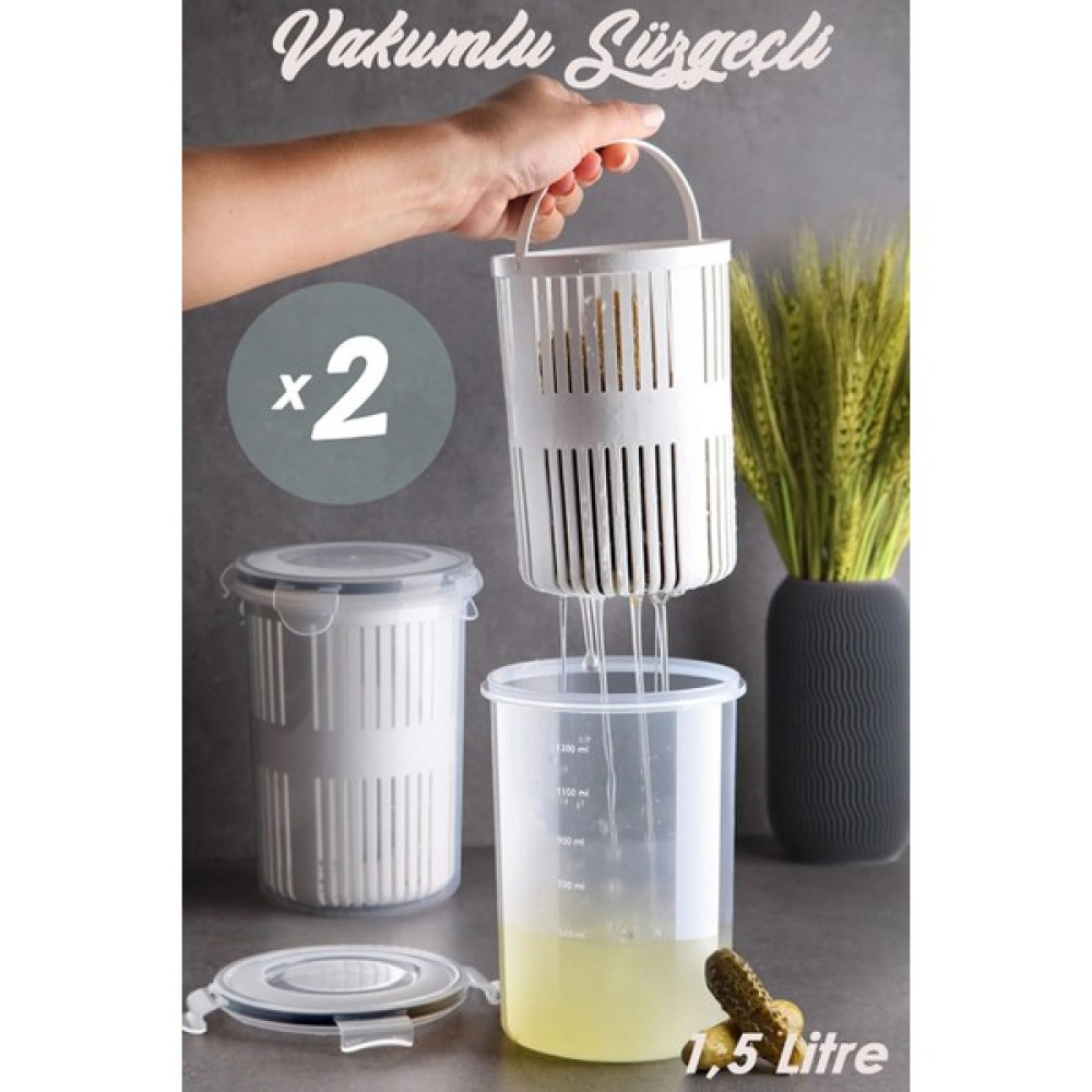 Boz House 2 Adet Süzgeçli Derin Saklama Kabı - Sızdırmaz Zeytinlik Turşuluk 1,5 Litre - Şeffaf Gri Saklama Kapları Fiyatı