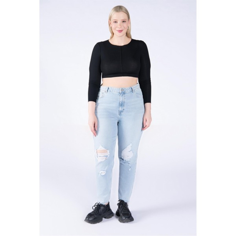 Bpf Büyük Beden Buz Mavisi Yüksek Bel Paça Lazerli mom jeans Kadın Pantolon Fiyatı