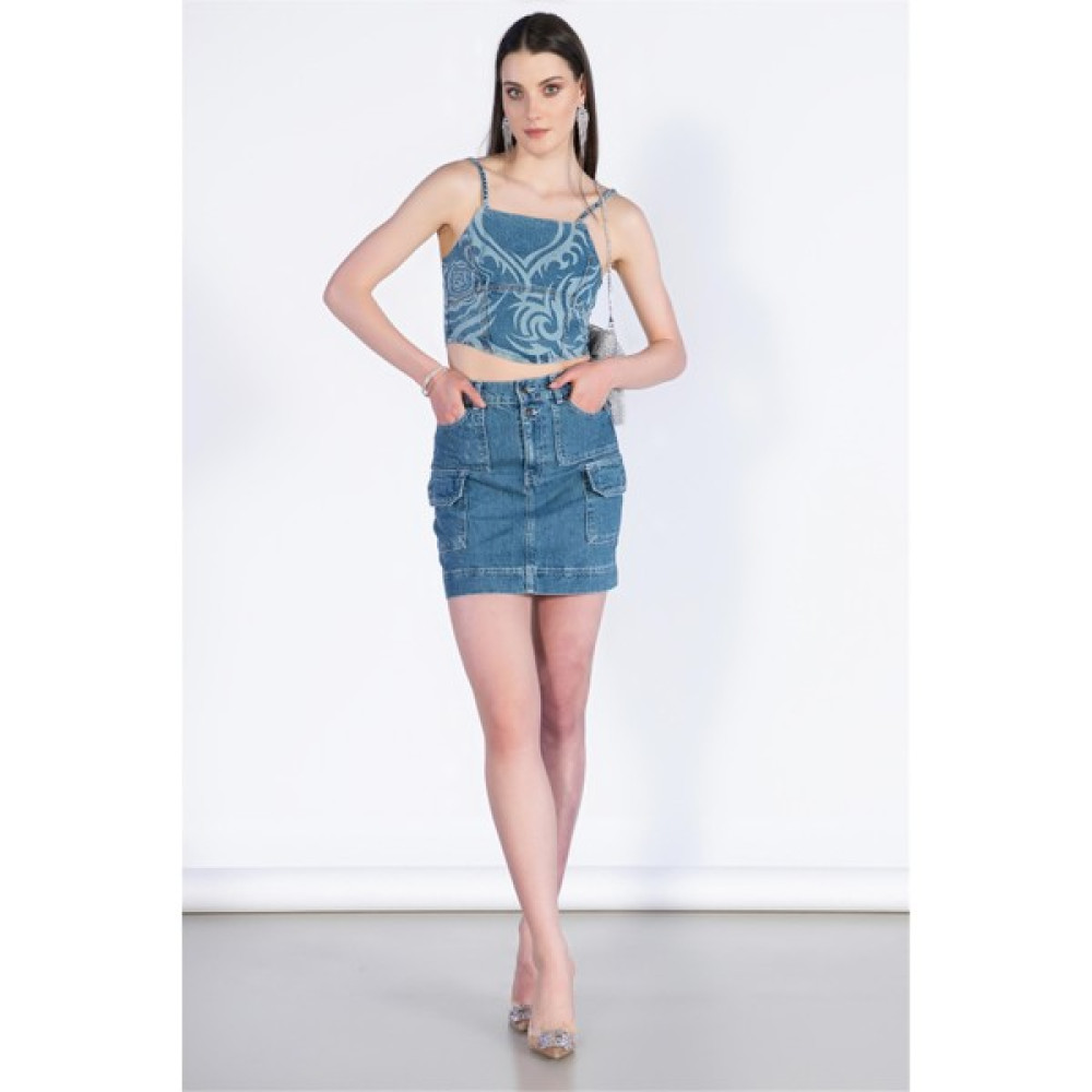 Bpf Mavi Yüksek Bel Denim Mini Kargo Etek Etek Fiyatı