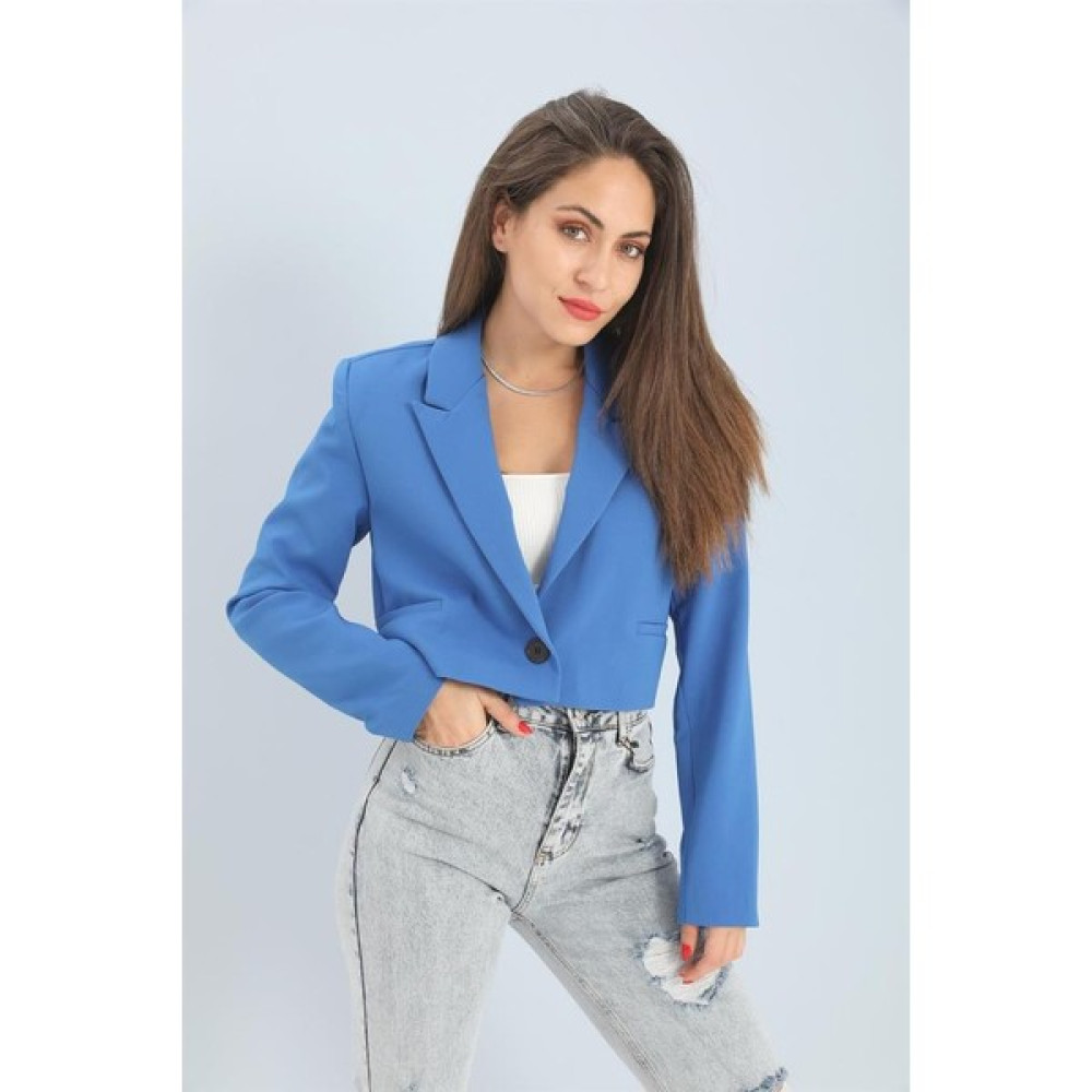 Bpm Çift Peto Cepli Kısa Crop Blazer Ceket - Saksmavisi Bayan Ceket Fiyatı