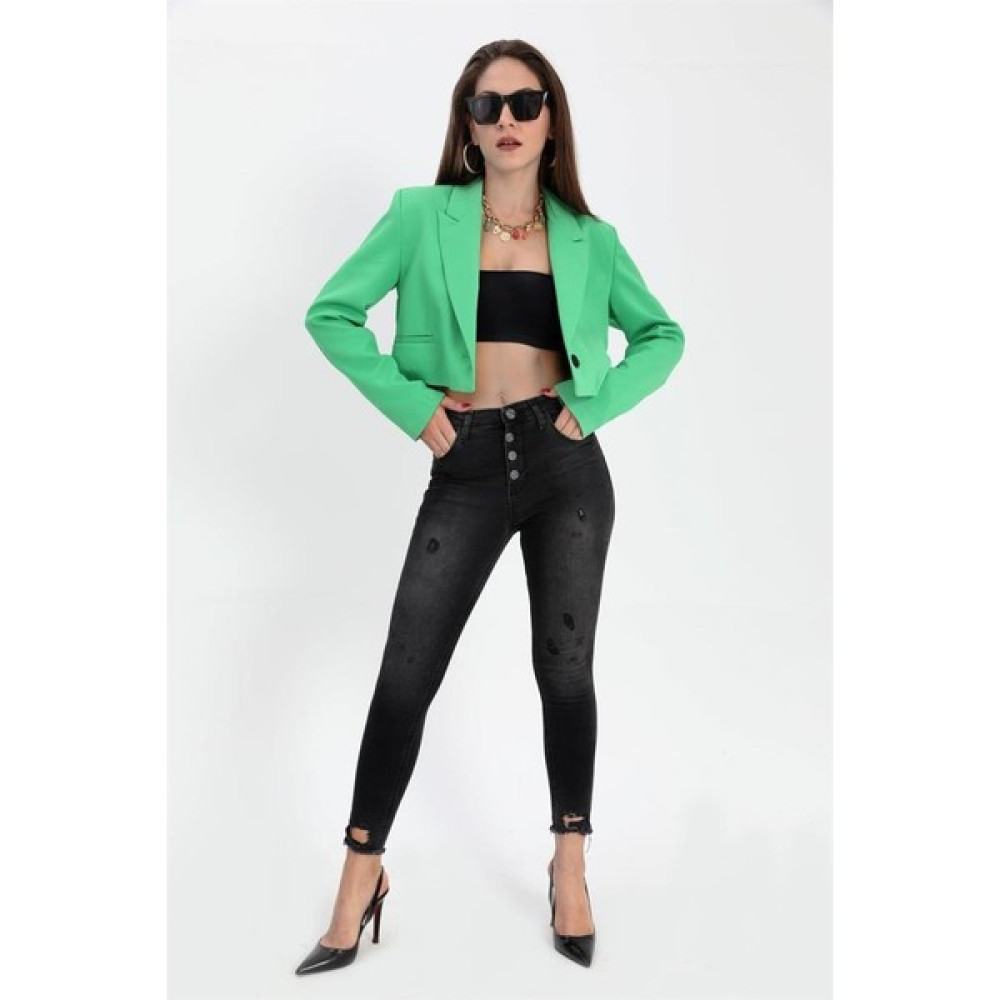 Bpm Çift Peto Cepli Kısa Crop Blazer Ceket - Yeşil Bayan Ceket Fiyatı