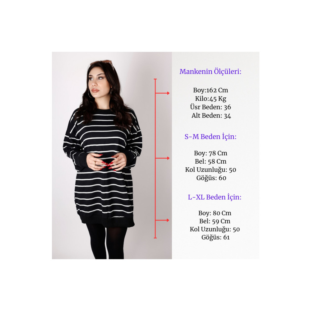 brako tekstil Kadın Siyah Çizgili Tunik Mevsimlik Oversize S/M Beden Tunik Fiyatı