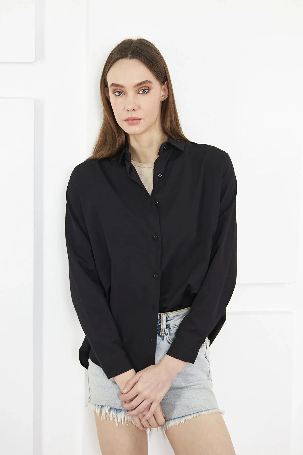 brako tekstil Kadın Siyah Oversize Uzun Basic Gömlek M Beden" Kadın Gömlek Fiyatı