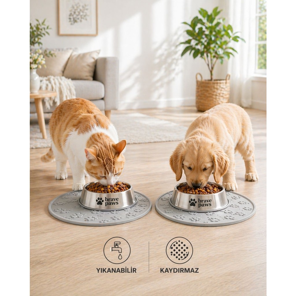 Brave Paws Silikon Mama Matı Kedi & Köpek Için | Kaymaz, Yıkanabilir, Havuzlu Mama Altlığı - Gri Diğer Fiyatı